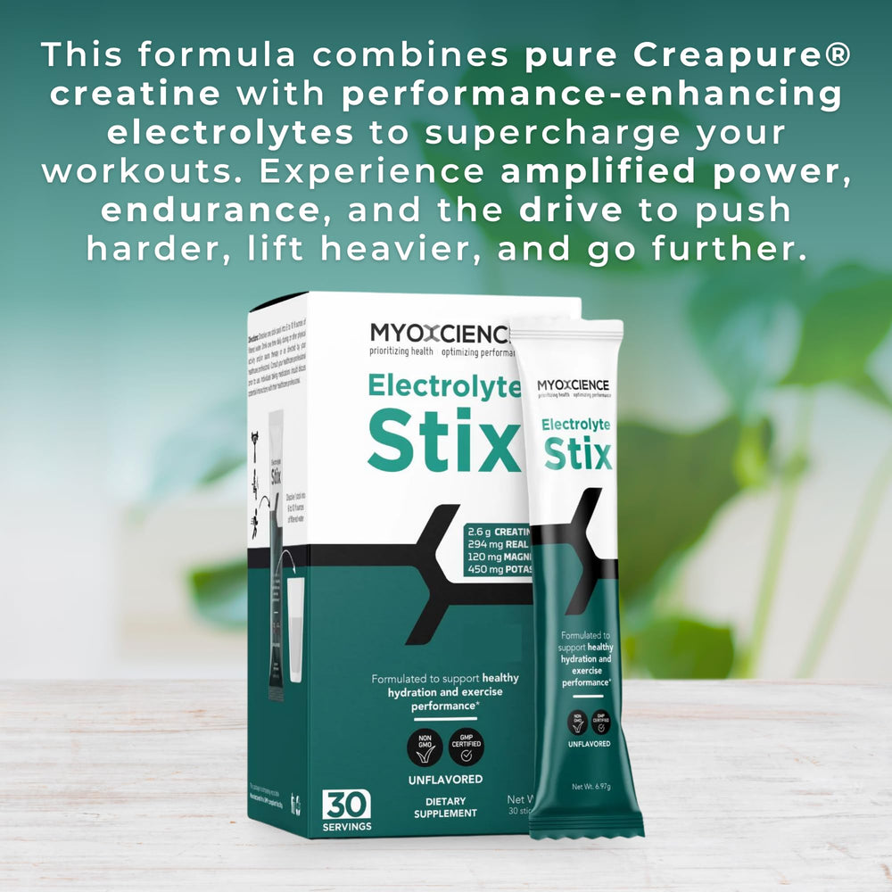 Close-up of MYOXCIENCE Electrolyte STIX powder area highlighting unflavored mix.