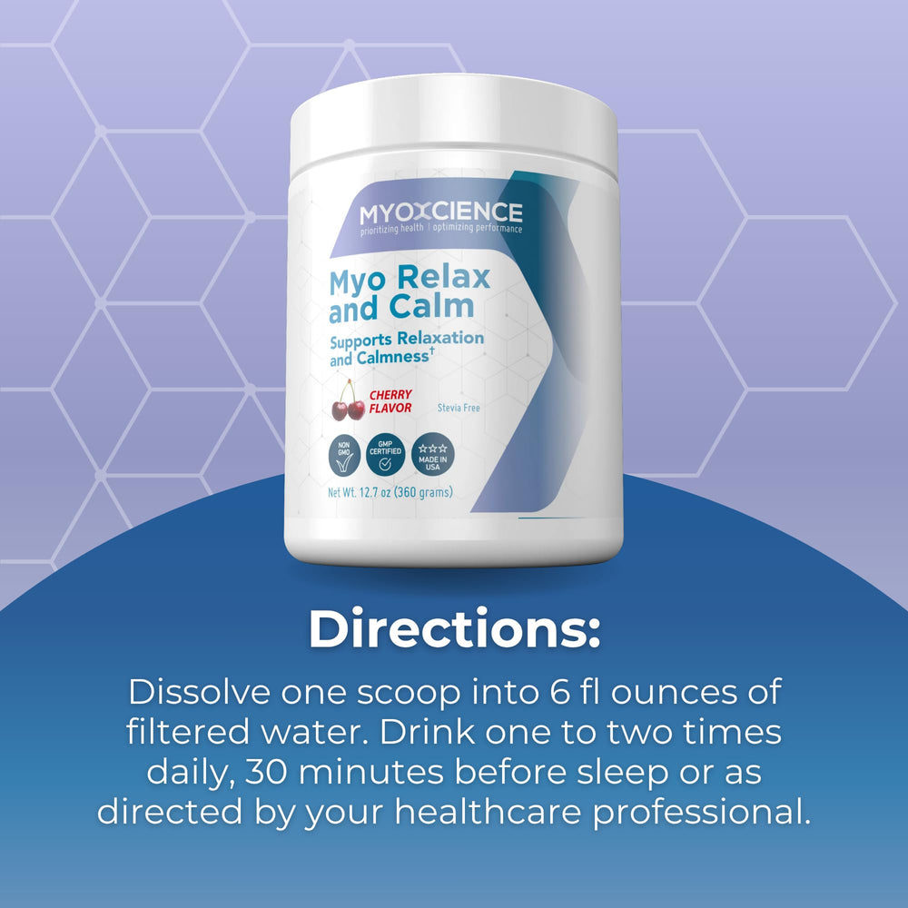 MYOXCIENCE Myo Relax and Calm bottle closeup communicates quality manufacturing.