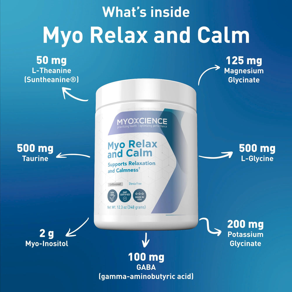 MYOXCIENCE Myo Relax & Calm ingredients panel featuring myo-inositol and taurine.