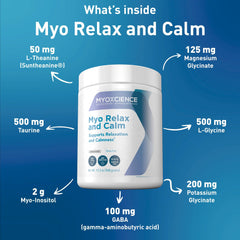 MYOXCIENCE Myo Relax & Calm ingredients panel featuring myo-inositol and taurine.