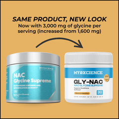 MYOXCIENCE NAC Glycine Supreme ingredients panel shows NAC, glycine, taurine