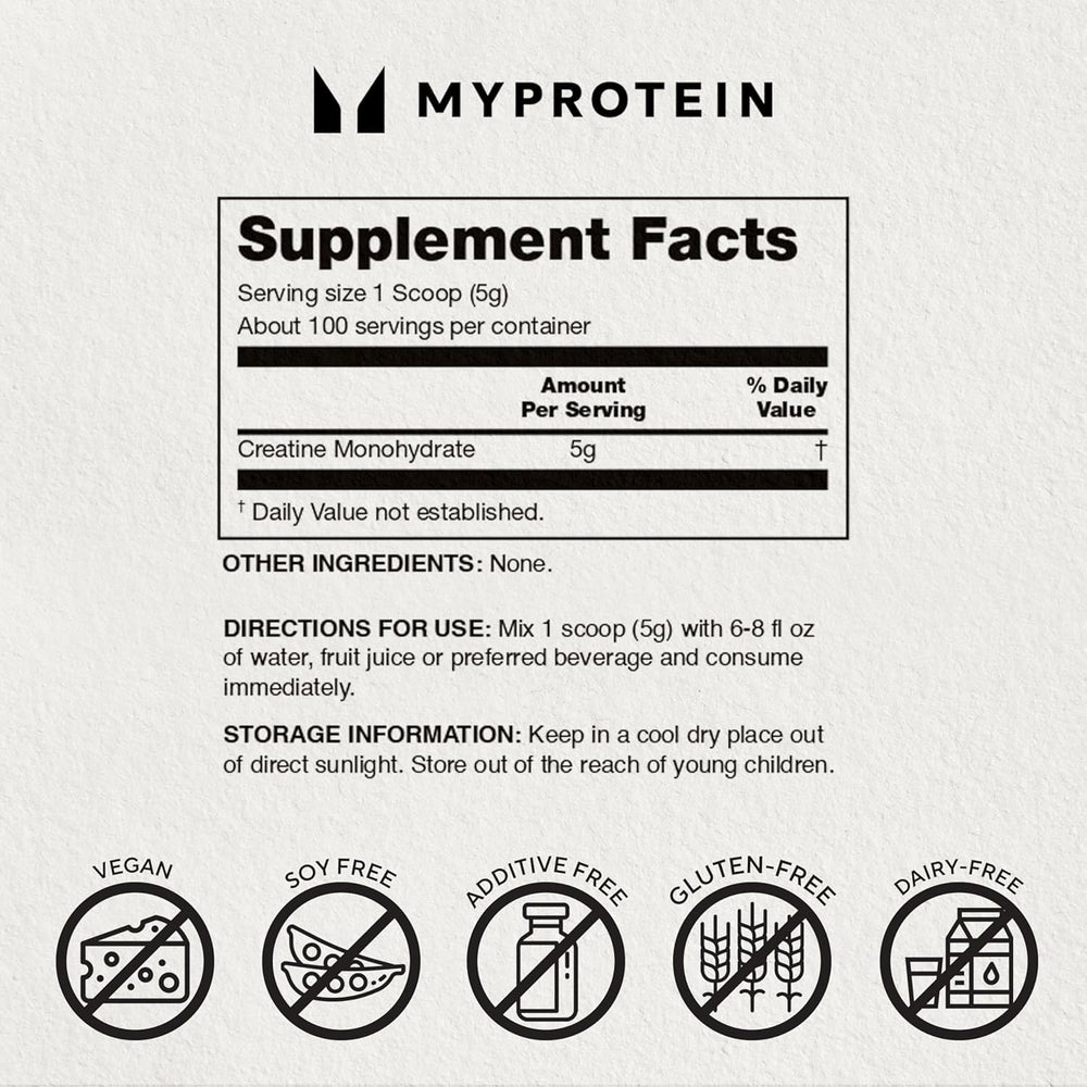 Flat lay of Myprotein Creatine Monohydrate Powder and scoop