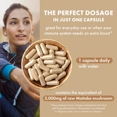 Supplement bottle with label detailing Maitake mushroom benefits
