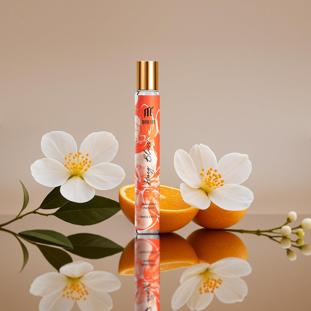 MYRTUS transparent glass bottle close-up highlights eco-friendly design.