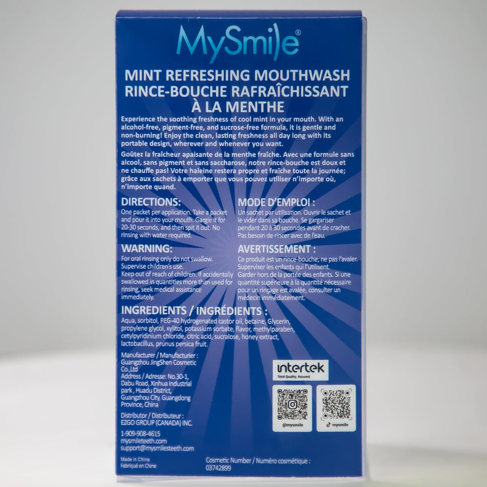 Box showcasing 30 uses for MySmile mouthwash