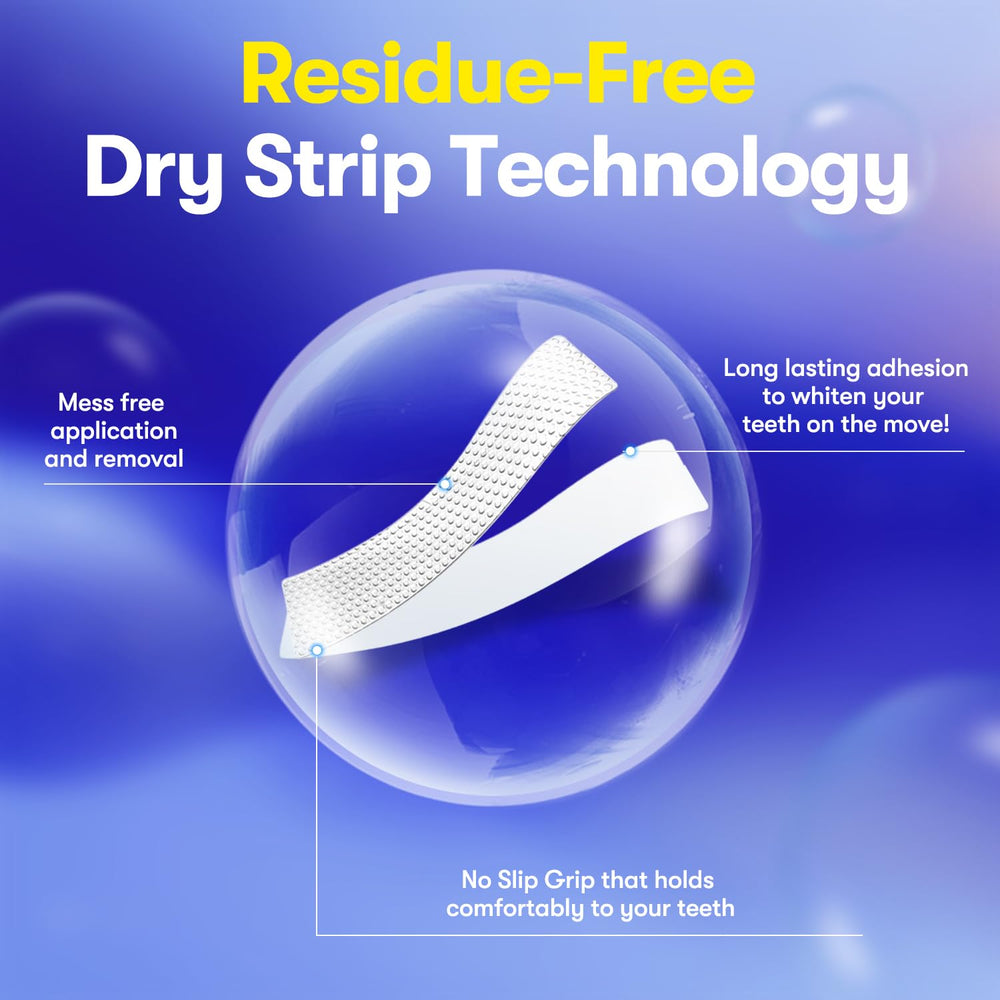 Individual whitening strips laid out with branding