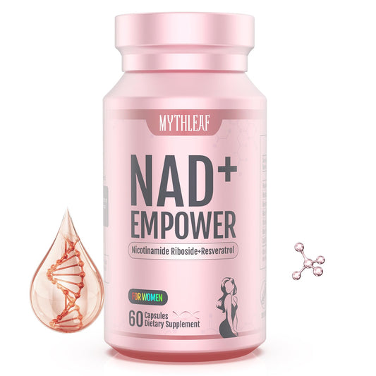 MythLeaf NAD+ supplement bottle with rose-gold packaging