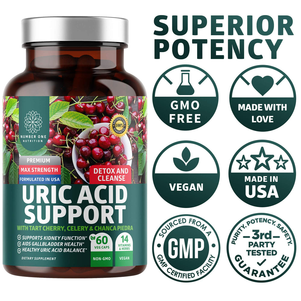 60 vegan capsules of N1N Uric Acid Support displayed with natural ingredients