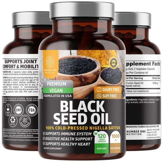 Bottle of Number One Nutrition N1N Premium Black Seed Oil 120 capsules