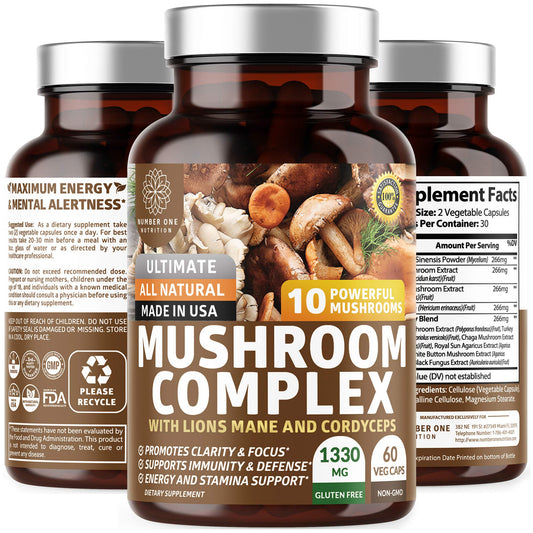 Bottle of N1N Premium Mushroom Complex with 60 vegan capsules