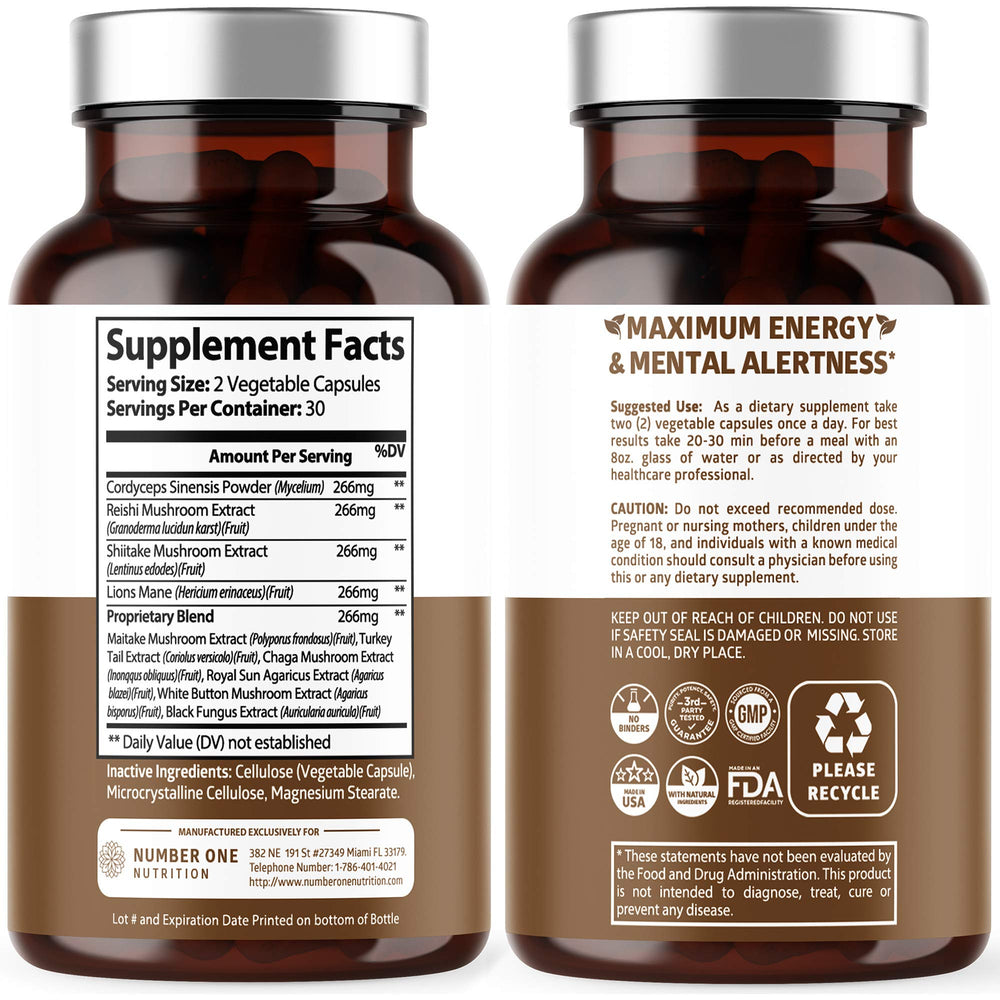Ingredients: 10-mushroom blend including Reishi, Lion's Mane, Cordyceps, Shiitake, Chaga, Maitake, Turkey Tail, Sun Agaricus, White Button Mushroom and Black Fungus