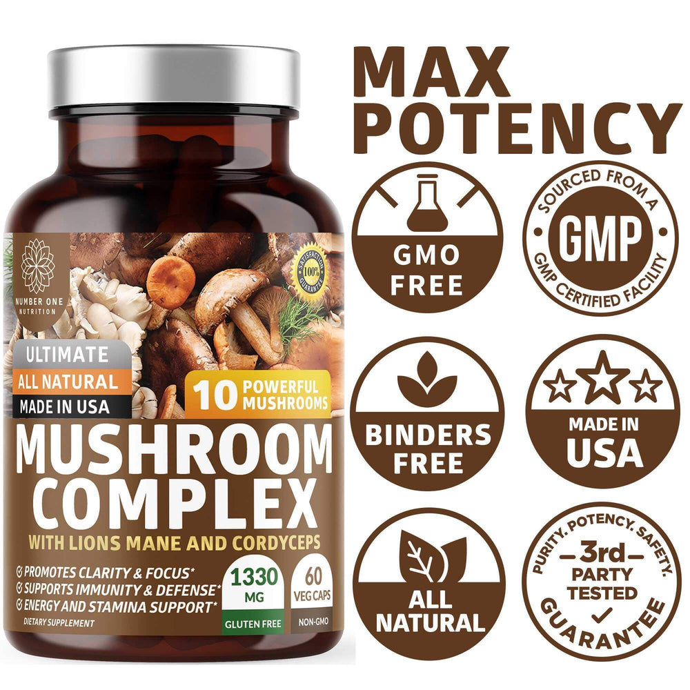 Product packaging displaying two packs of N1N Premium Mushroom Complex with 60 capsules each