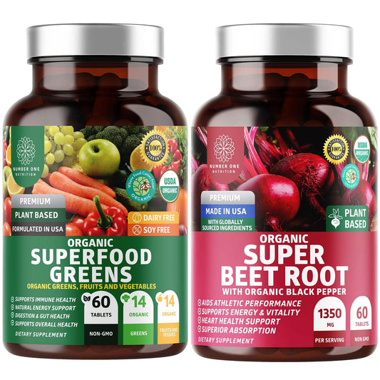 Bottle of N1N Premium Organic Superfood Greens and Beet Root Tablets (120 count)