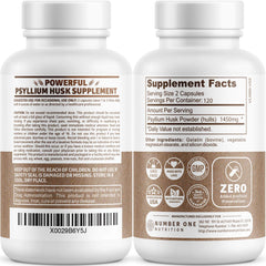 Psyllium husk capsules close-up showing 1450 mg fiber per serving