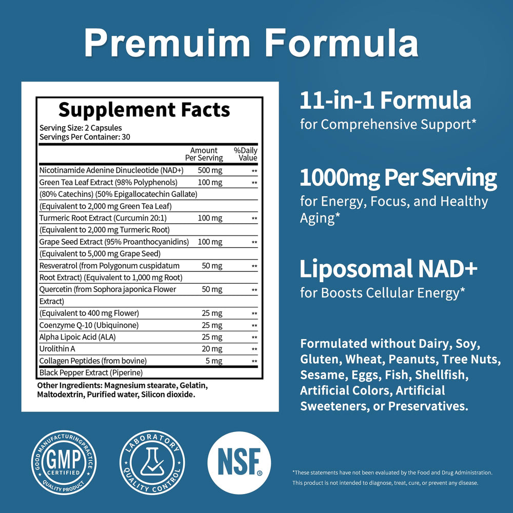 Product label highlighting liposomal NAD+ and key ingredients