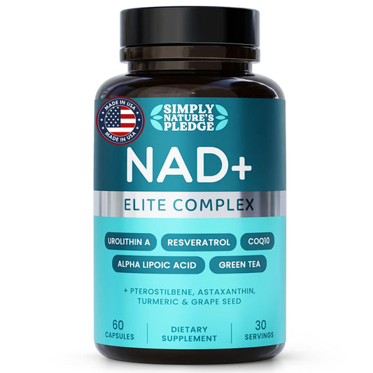 Front view of NAD+ Elite Complex bottle with 60 vegan capsules