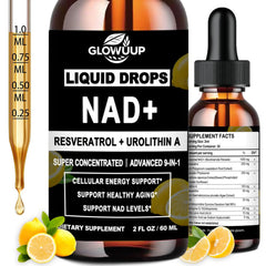 NAD+ liquid drops bottle with Urolithin A label