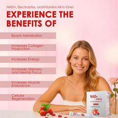 Close-up of NAD+ Berry Flavor Drink Mix powder pouring from sachet