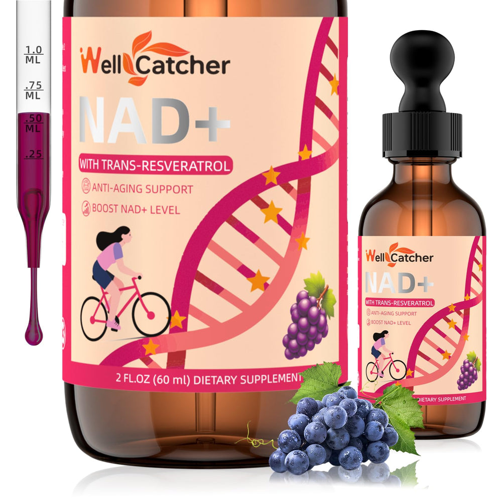 NAD+ liquid supplement bottle showing 600 mg NR per serving
