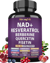 NAD Resveratrol supplement bottle with Berberine, Quercetin and CoQ10 ingredients