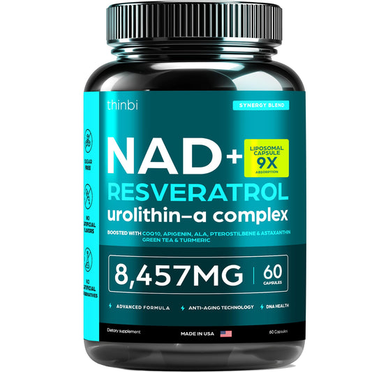 Bottle of NAD supplement with 8457mg NMN liposomal formula and green tea.