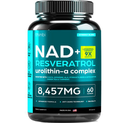 Bottle of NAD supplement with 8457mg NMN liposomal formula and green tea.