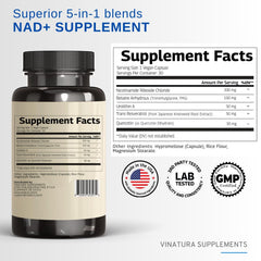 Close-up of NAD+ supplement bottle label