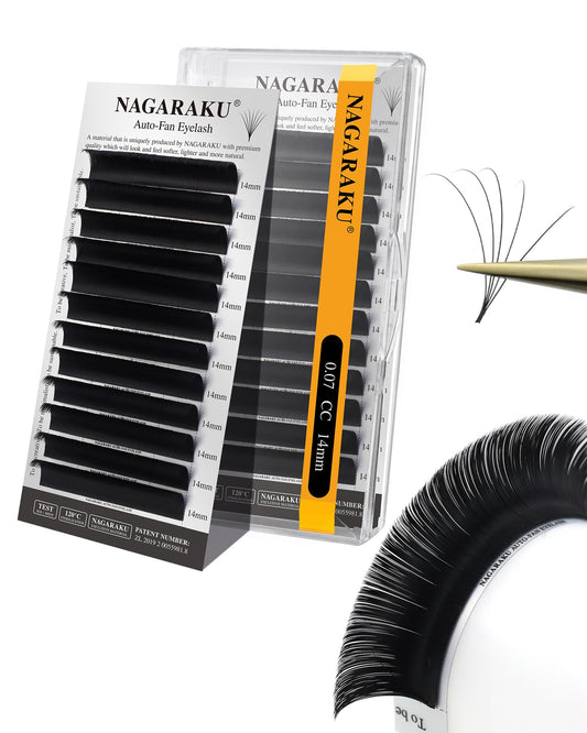 Nagaraku Easy Fan Eyelash packaging highlights premium quality for easy salon use.