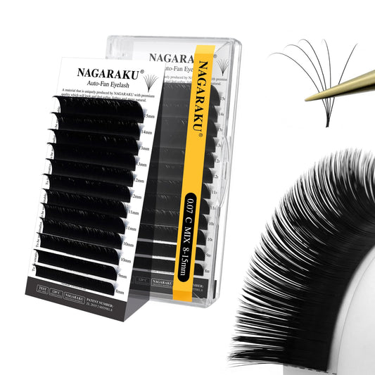 NAGARAKU Easy Fan eyelash tray with 8-15mm premade fans for fast volume application.