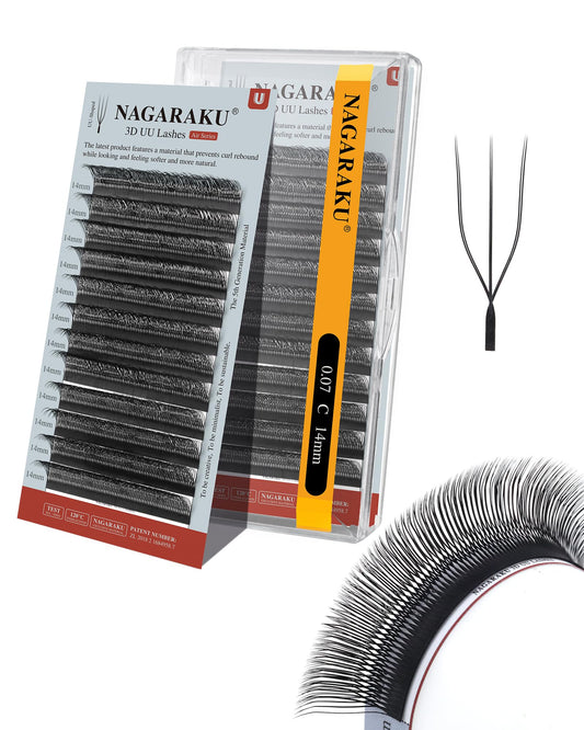 NAGARAKU U eyelash extensions 3D UU lash double-tips for quick fan creation.