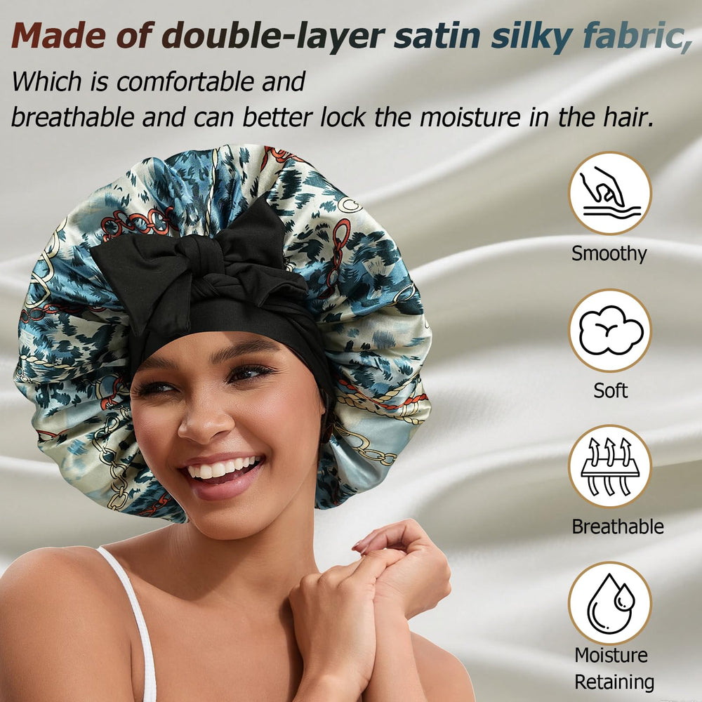 NAHOSY satin bonnet with adjustable tie band ensuring secure all-night comfort.