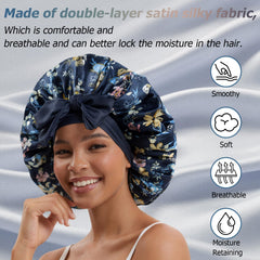 NAHOSY satin silk bonnet navy back view highlights reversible design for styling options.