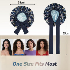 NAHOSY navy satin bonnet closeup of long-tie band for adjustable, secure fit.