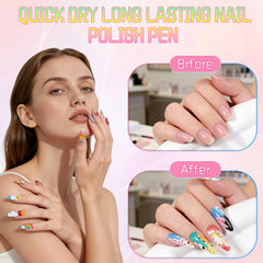 Nail art pens drawing patterns on nails demonstrates dots, borders, and embellishments.