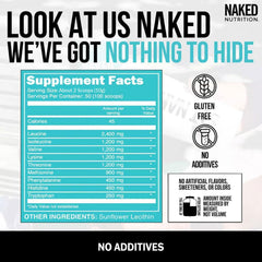 NAKED EAAs powder jar label emphasizes vegan, gluten-free ingredients for clean nutrition
