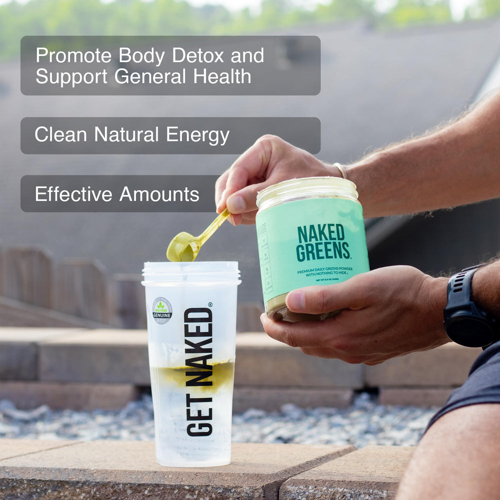 Prepared shake with Naked Greens powder in a glass