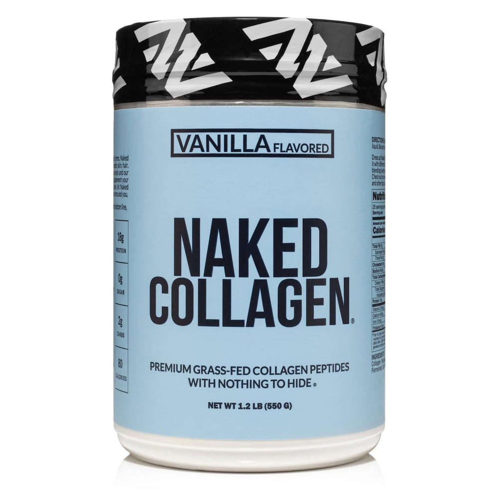 NAKED Vanilla Collagen Peptides bottle on kitchen shelf, convenient daily protein boost for active mornings.