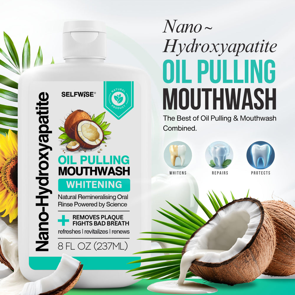 Side view of 8oz Nano-Hydroxyapatite Oil Pulling Mouthwash bottle