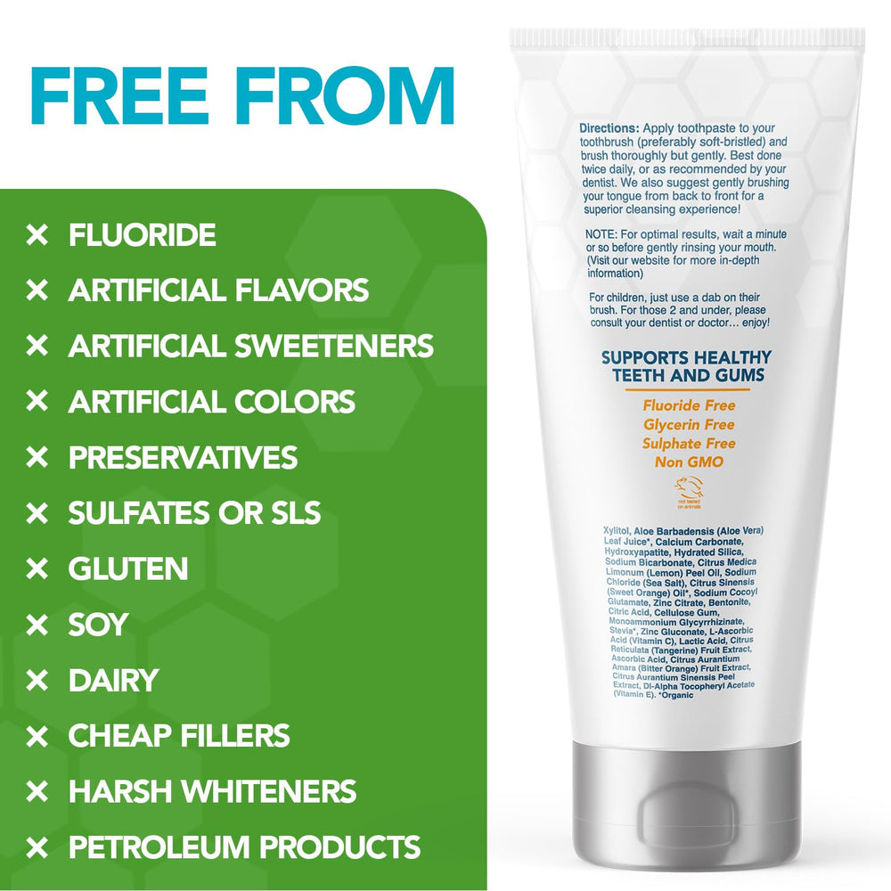 Natural ingredients: xylitol, aloe, sea salt in toothpaste formula