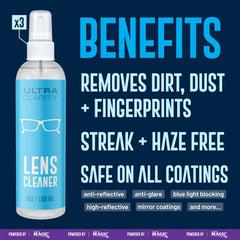 Eyeglass lens being cleaned with Nano Magic spray