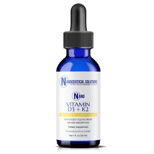 Bottle of Nano Vitamin D3+K2 nano-particle liquid supplement