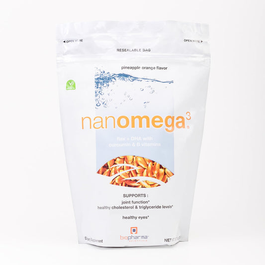 NanoOmega vegan omega-3 pineapple orange flavor bottle with 30 servings