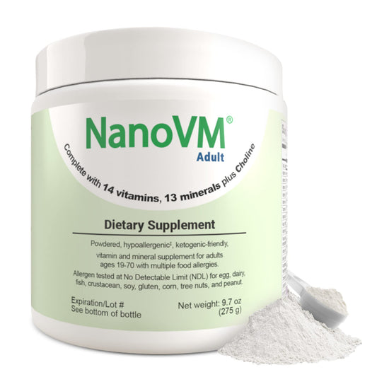 Front view of NanoVM Adult allergen-free multivitamin powder jar (275g)