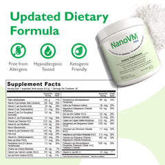 NanoVM allergen-free formula label highlights safe, clean ingredients for sensitive diets.