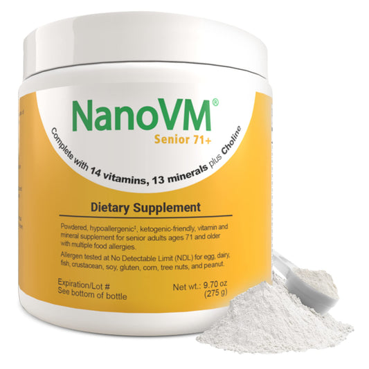 Solace Nutrition NanoVM Senior 71+ allergen-free vitamin powder packaging