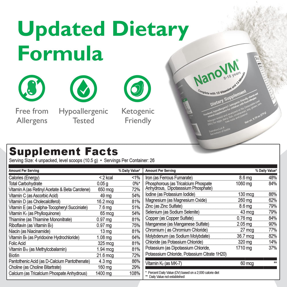 Unflavored NanoVM powder for kids being mixed into puree