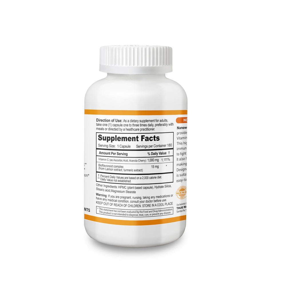 NANOWELL Vitamin C 1000 mg with Bioflavonoid Complex label showing gluten-free and non-GMO claims