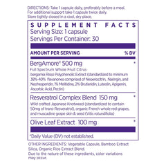 NAOMI resveratrol-olive-leaf capsules close-up highlighting antioxidant-rich blend.