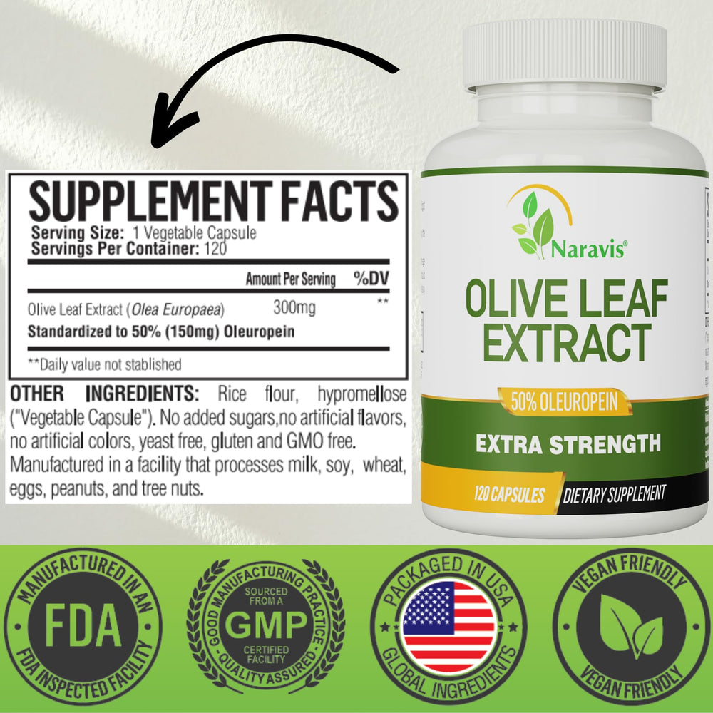 Bottle image: Naravis Olive Leaf Extract 120 capsules (4-month supply)