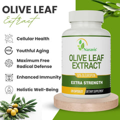 Close-up of 50% Oleuropein per serving label on Naravis Olive Leaf Extract
